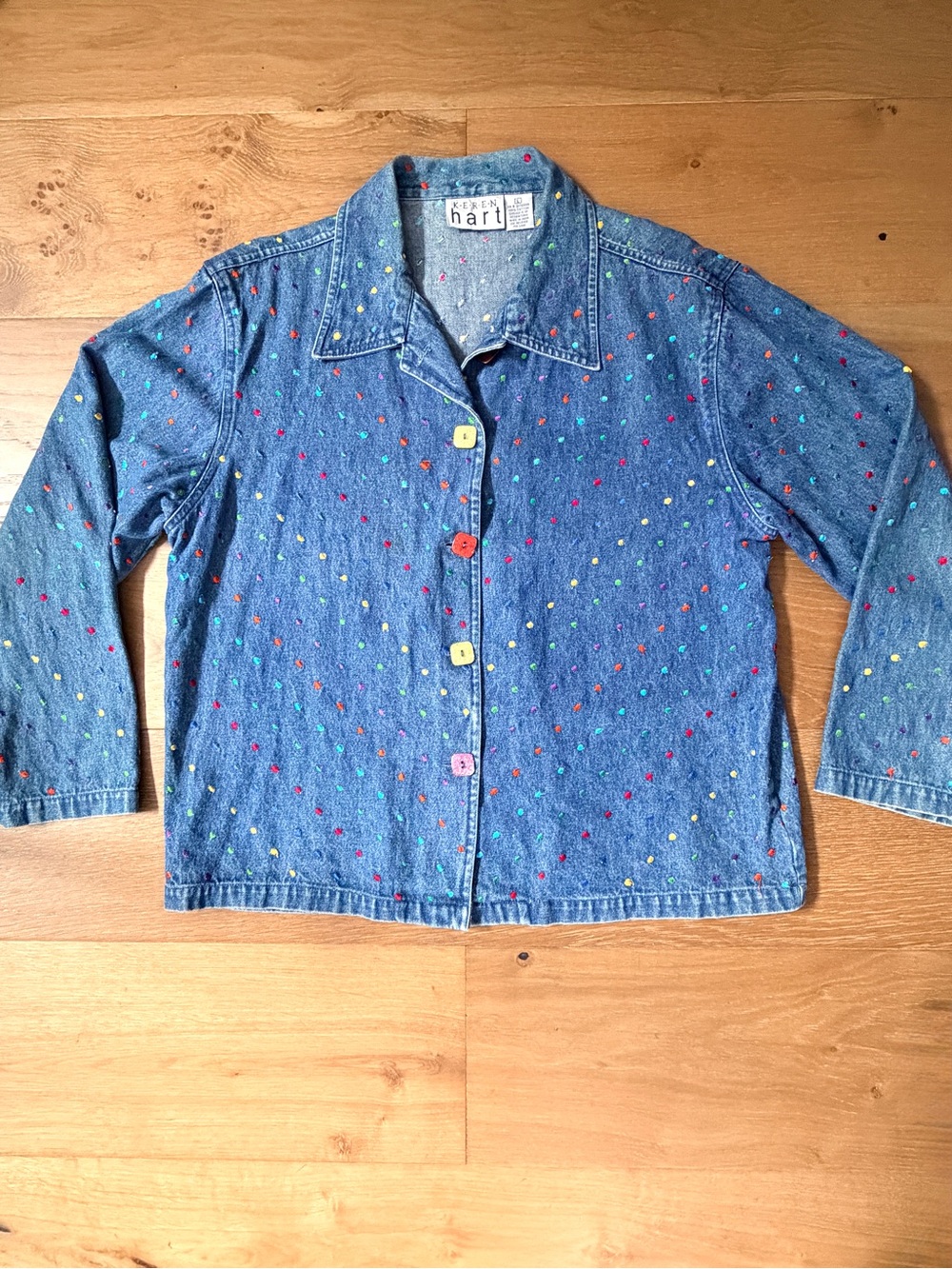 VTG 90s KEREN hart Denim Jacket Overshirt Confetti Rainbow Pride Embroidery Wm L